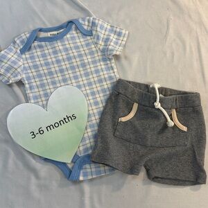 Rabbit + Bear - Organic Cotton Blue Plaid Baby Outfit with Gray Shorts
